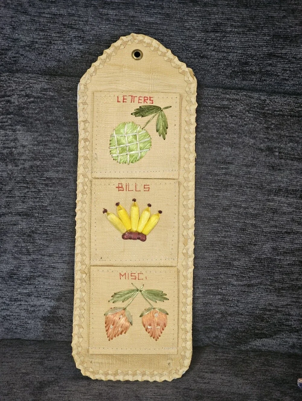 Vintage Straw Wall Organizer with Fruit Embroidery